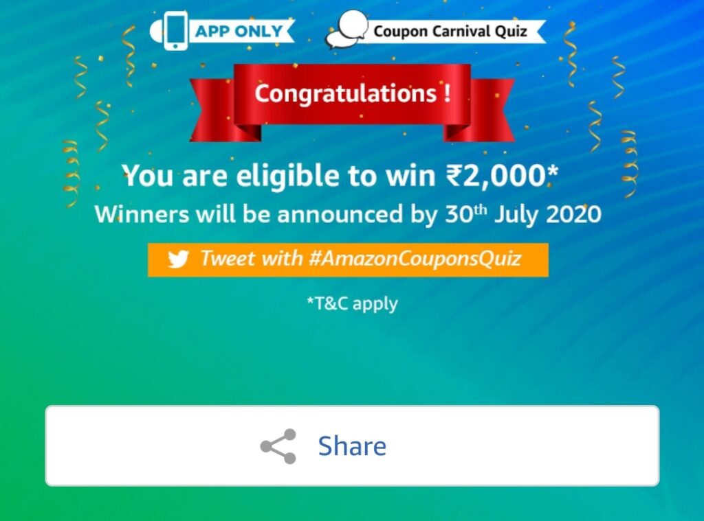 Answer & Win Amazon Coupon Carnival Quiz and Win ₹2000