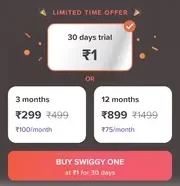 Swiggy One Membership at Rs 1 for 30 Days Trial Offer